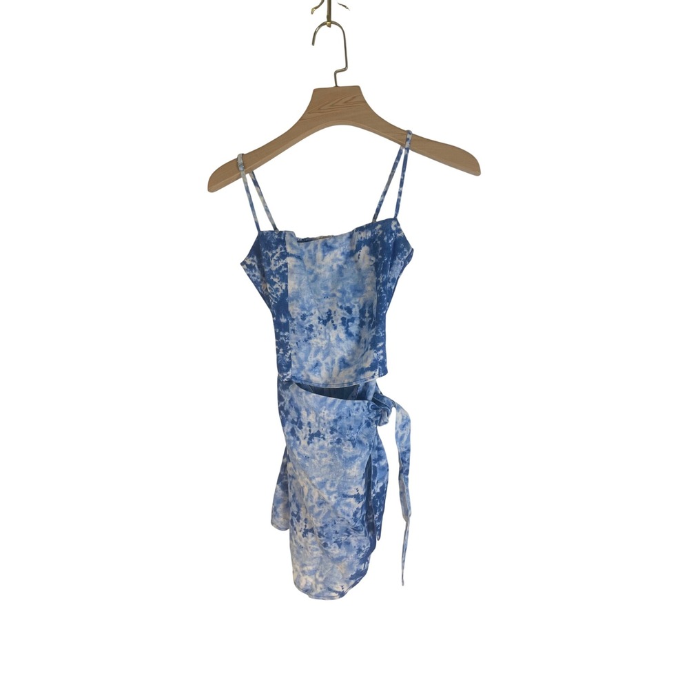 Reformation Blue Tie Dye Linen Wrap Mini Dress Size 0 Sleeveless Smocked Back